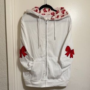 White Zip-Up Hoodie with Red Bow Accents
